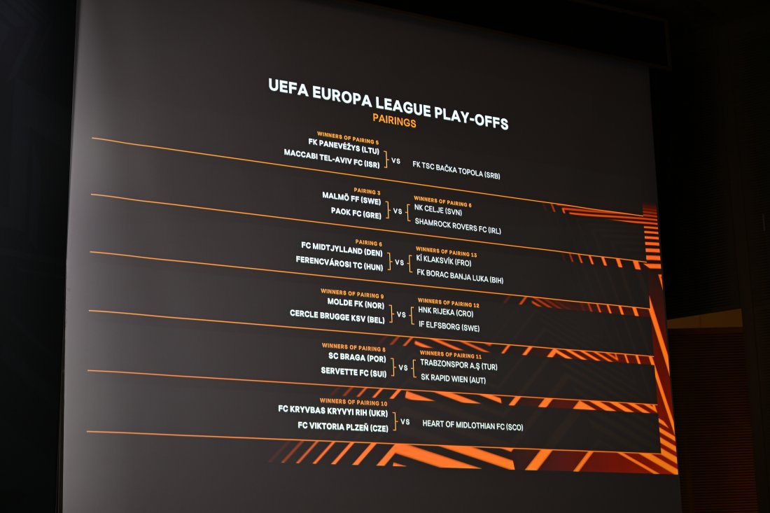 Bildet viser de offisielle kampene for play-off-runden i UEFA Europa League for sesongen 2024/2025. Blant de spennende oppgjørene finner vi: Molde FK som vil møte vinneren av kampen mellom HNK Rijeka (KROATIA) og IF Elfsborg (SVERIGE).
