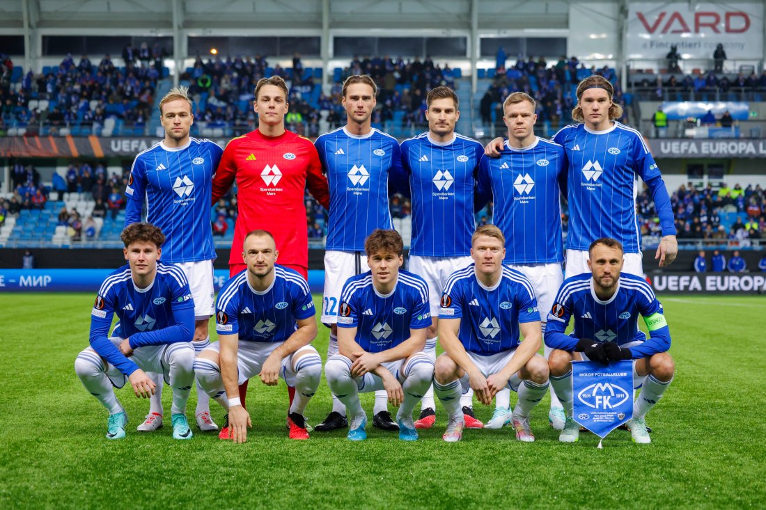 Moldes startellever hjemme mot Qarabag. Foran fra venstre: Mathias Fjørtoft Løvik, Veton Berisha, Emil Breivik, Kristian Eriksen og Magnus Wolff Eikrem. Bak fra venstre Martin Ellingsen, Oliver Petersen, Magnus Grødem, Kristoffer Haugen, Eirik Haugan og Casper Øyvann. Foto: Svein Ove Ekornesvåg / NTB