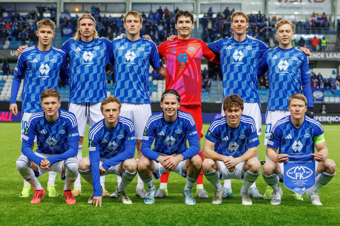 Moldes startoppstilling mot Apoel. Foran fra venstre: Halldor Stenevik, Mats Møller Dæhli, Mathias Fjørtoft Løvik, Emil Breivik og Kristian Eriksen. Bak fra venstre: Mads Enggård, Isak Helstad Amundsen, Valdemar Lund, Albert Posiadala, Anders Hagelskjær og Ola Brynhildsen. Foto: Svein Ove Ekornesvåg / NTB