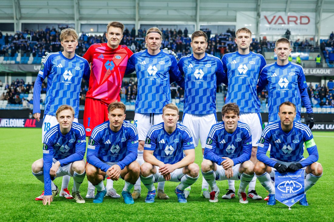 Moldes startellever: Foran fra venstre: Mats Møller Dæhli, Fredrik Gulbrandsen, Kristian Eriksen, Emil Breivik, Magnus Wolff Eikrem. Bak fra venstre Halldor Stenevik, Jacob Karlstrøm, Isak Helstad Amundsen, Kristoffer Haugen, Valdemar Lund og Markus Kaasa. Foto: Svein Ove Ekornesvåg / NTB